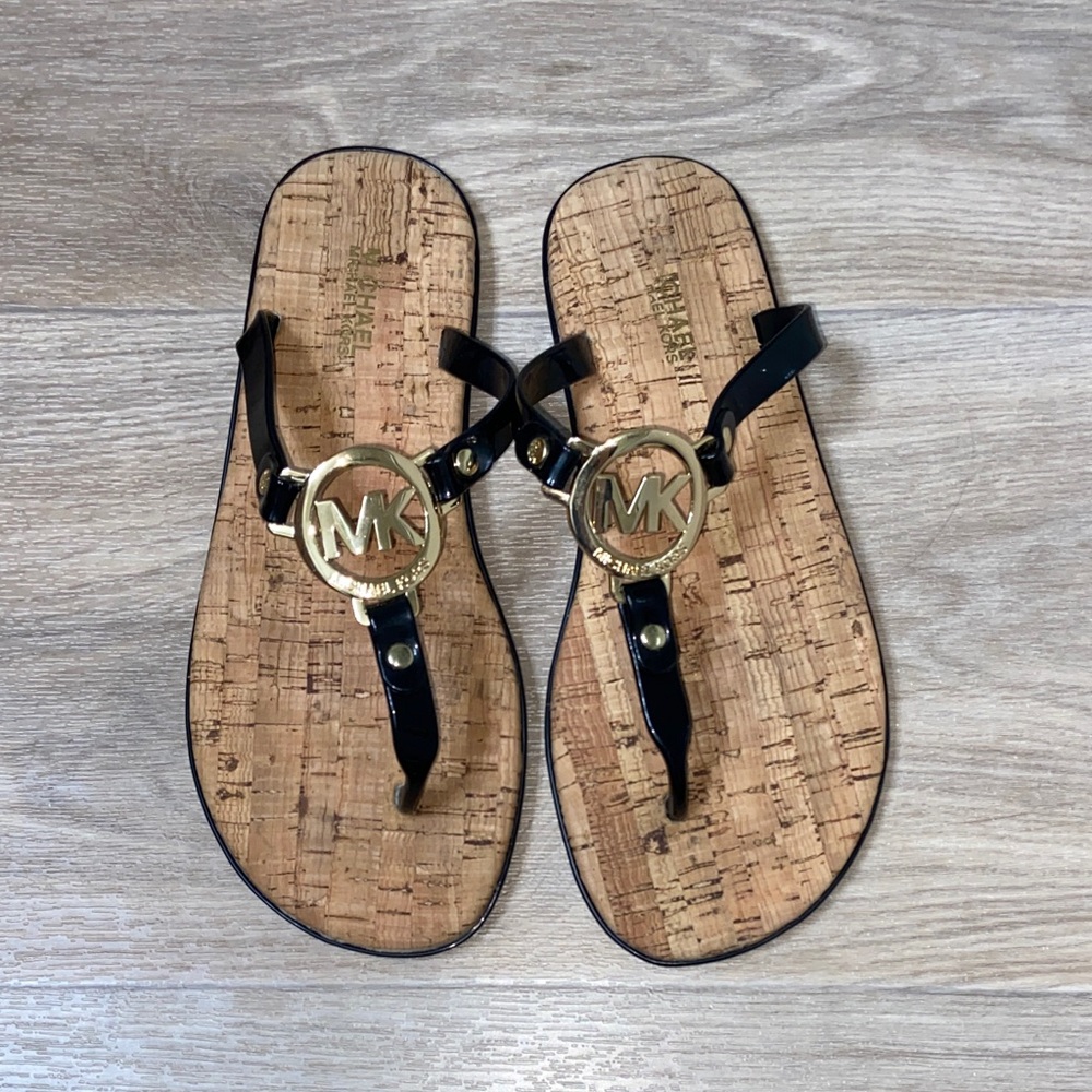 Michael Kors Black and Gold Logo, Cork and Jelly Sandals